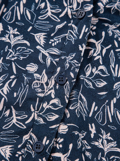 Blue Abstract Patterned V Neck Button-Up Blouse