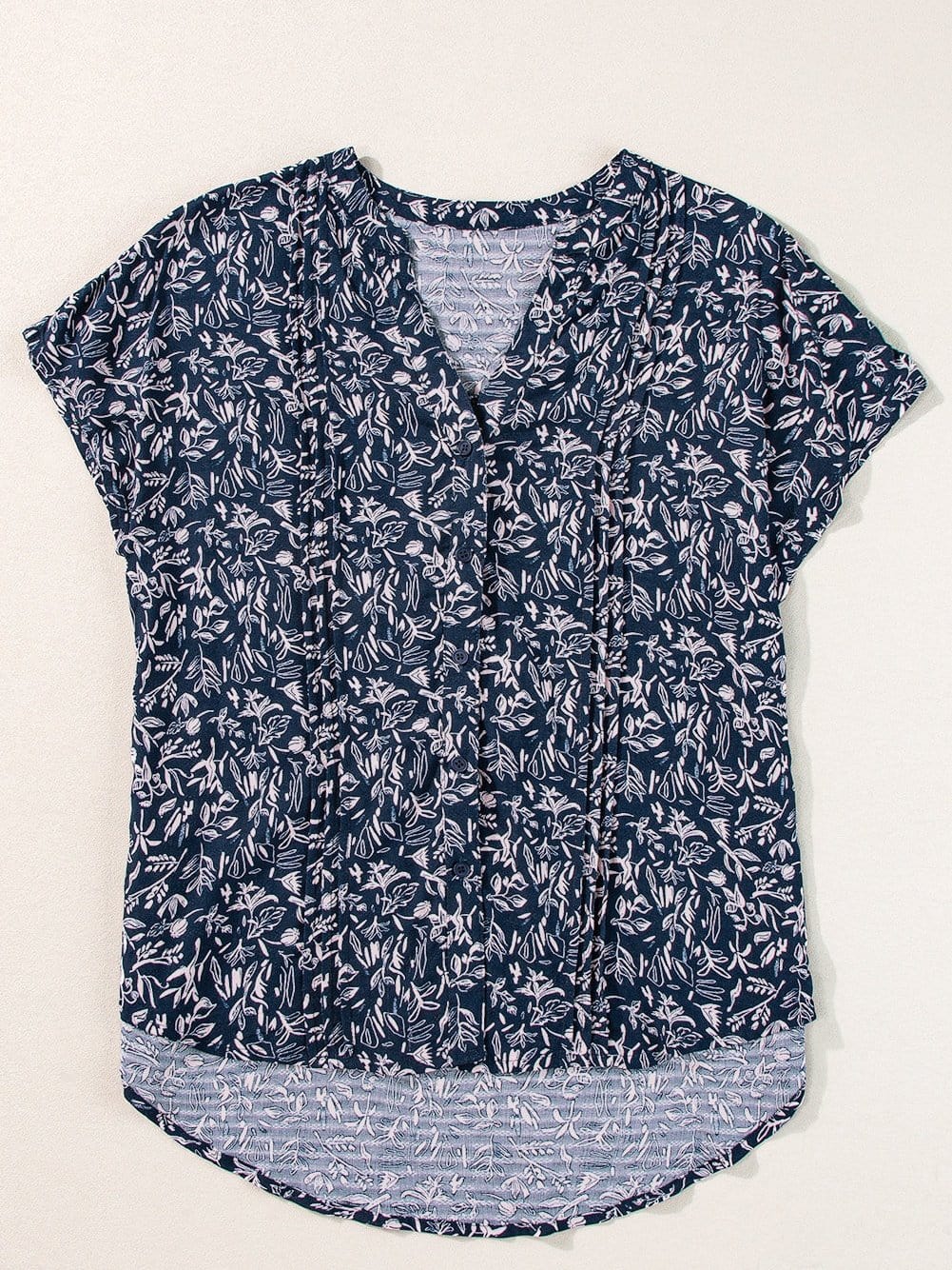 Blue Abstract Patterned V Neck Button-Up Blouse