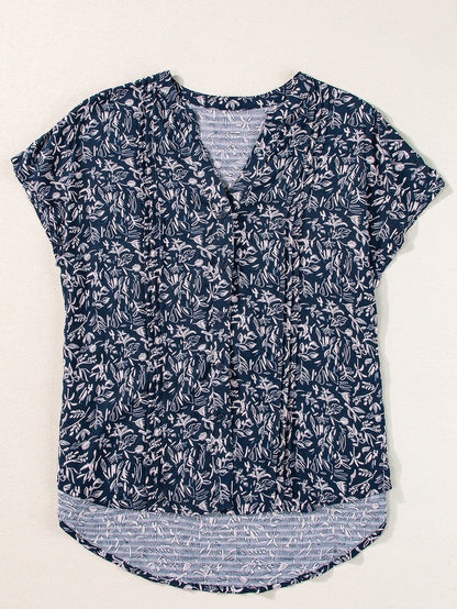 Blue Abstract Patterned V Neck Button-Up Blouse