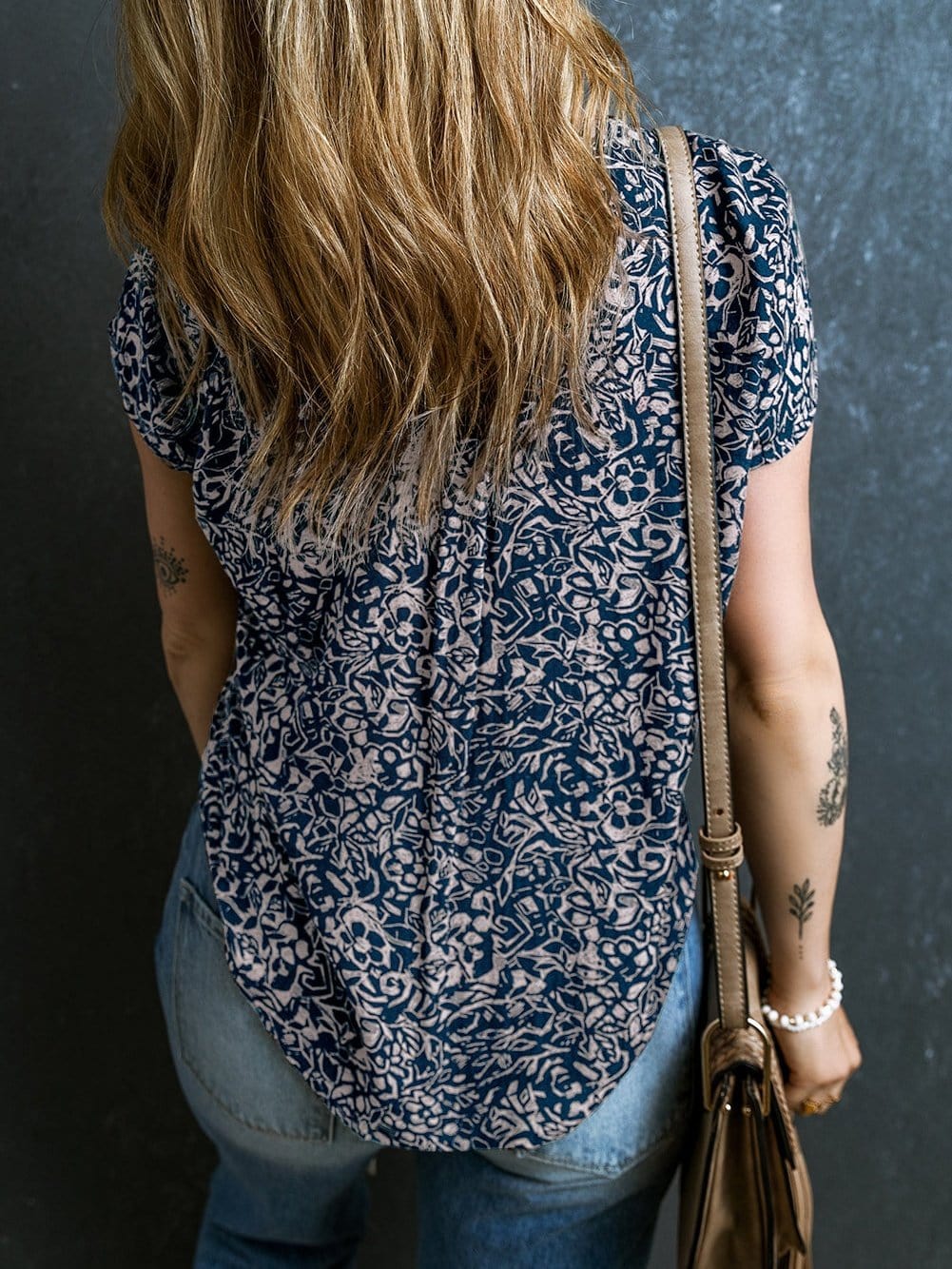 Blue Abstract Patterned V Neck Button-Up Blouse