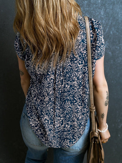 Blue Abstract Patterned V Neck Button-Up Blouse