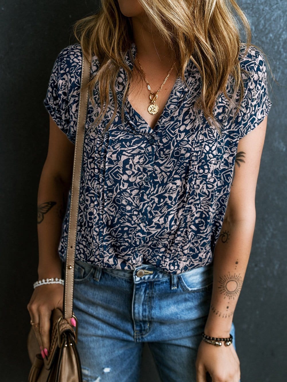 Blue Abstract Patterned V Neck Button-Up Blouse