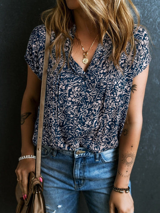 Blue Abstract Patterned V Neck Button-Up Blouse