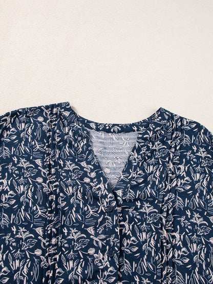 Blue Abstract Patterned V Neck Button-Up Blouse