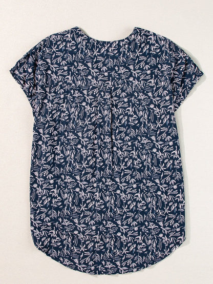 Blue Abstract Patterned V Neck Button-Up Blouse