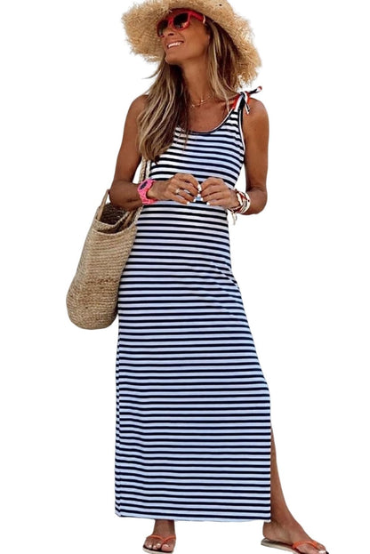 Blue and White Striped Sleeveless Maxi Dress with Slit - Casual Vacation Wear