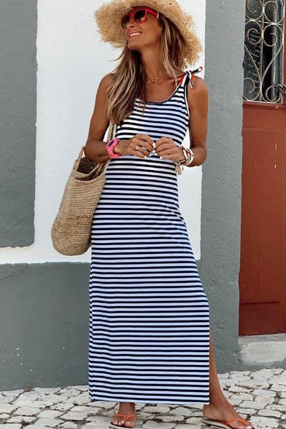 Blue and White Striped Sleeveless Maxi Dress with Slit - Casual Vacation Wear