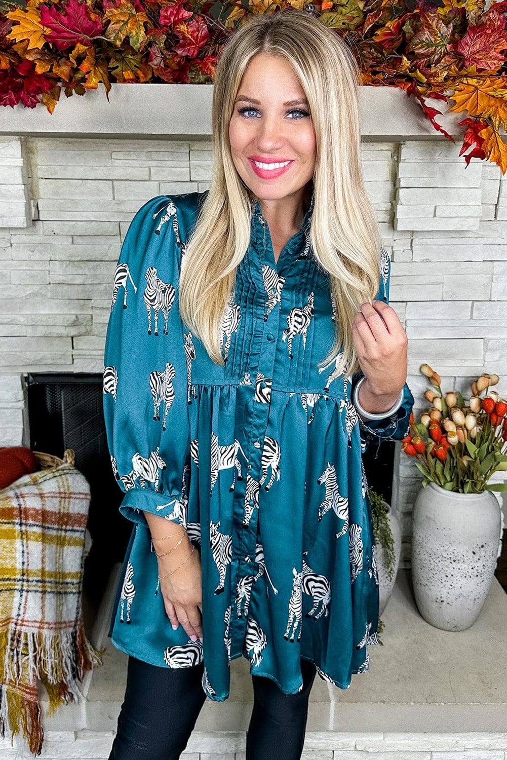 Blue Animal Print Pleated Tunic Shirt Dress