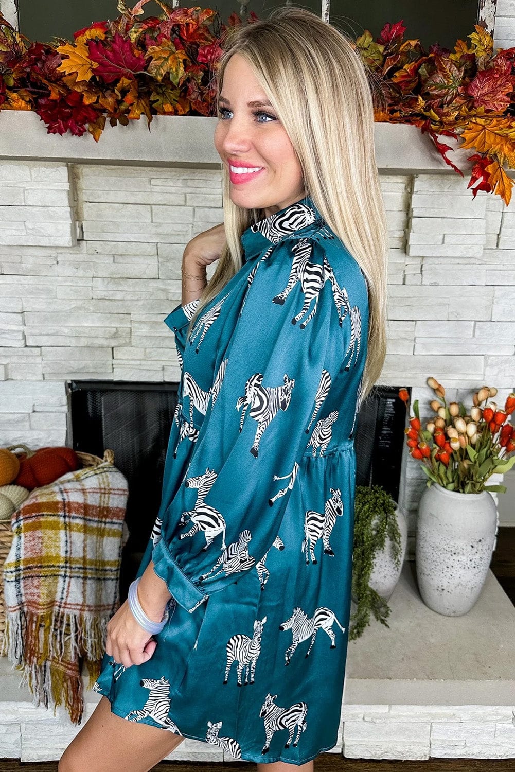 Blue Animal Print Pleated Tunic Shirt Dress