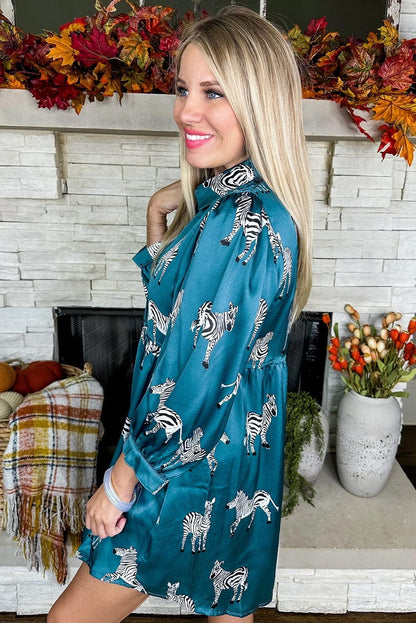 Blue Animal Print Pleated Tunic Shirt Dress