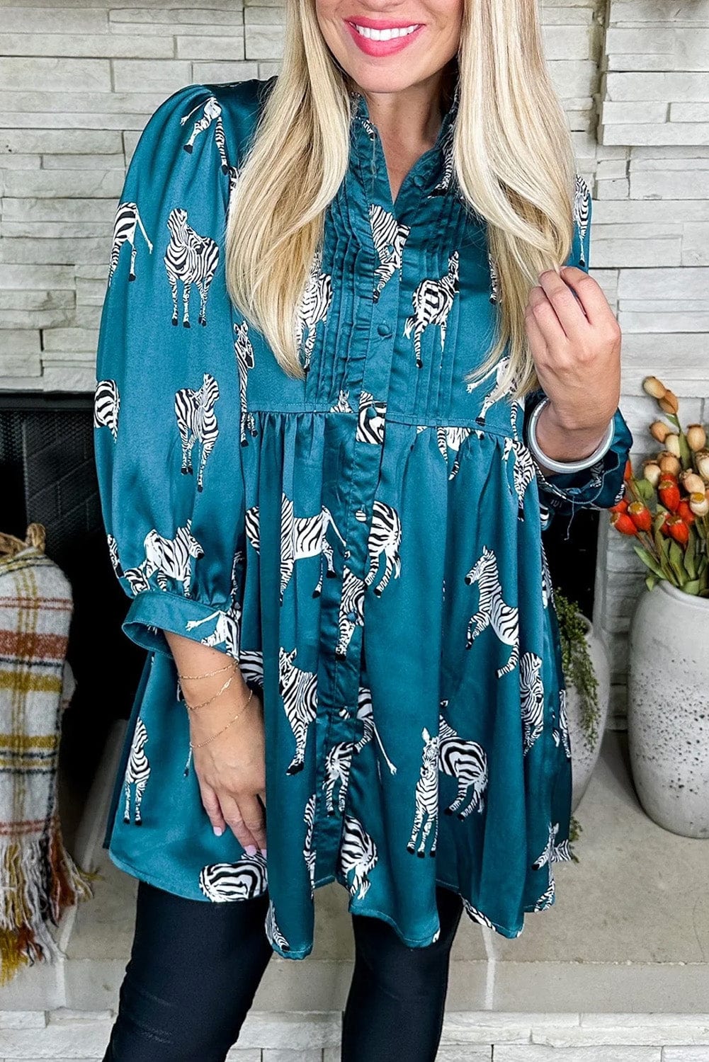 Blue Animal Print Pleated Tunic Shirt Dress