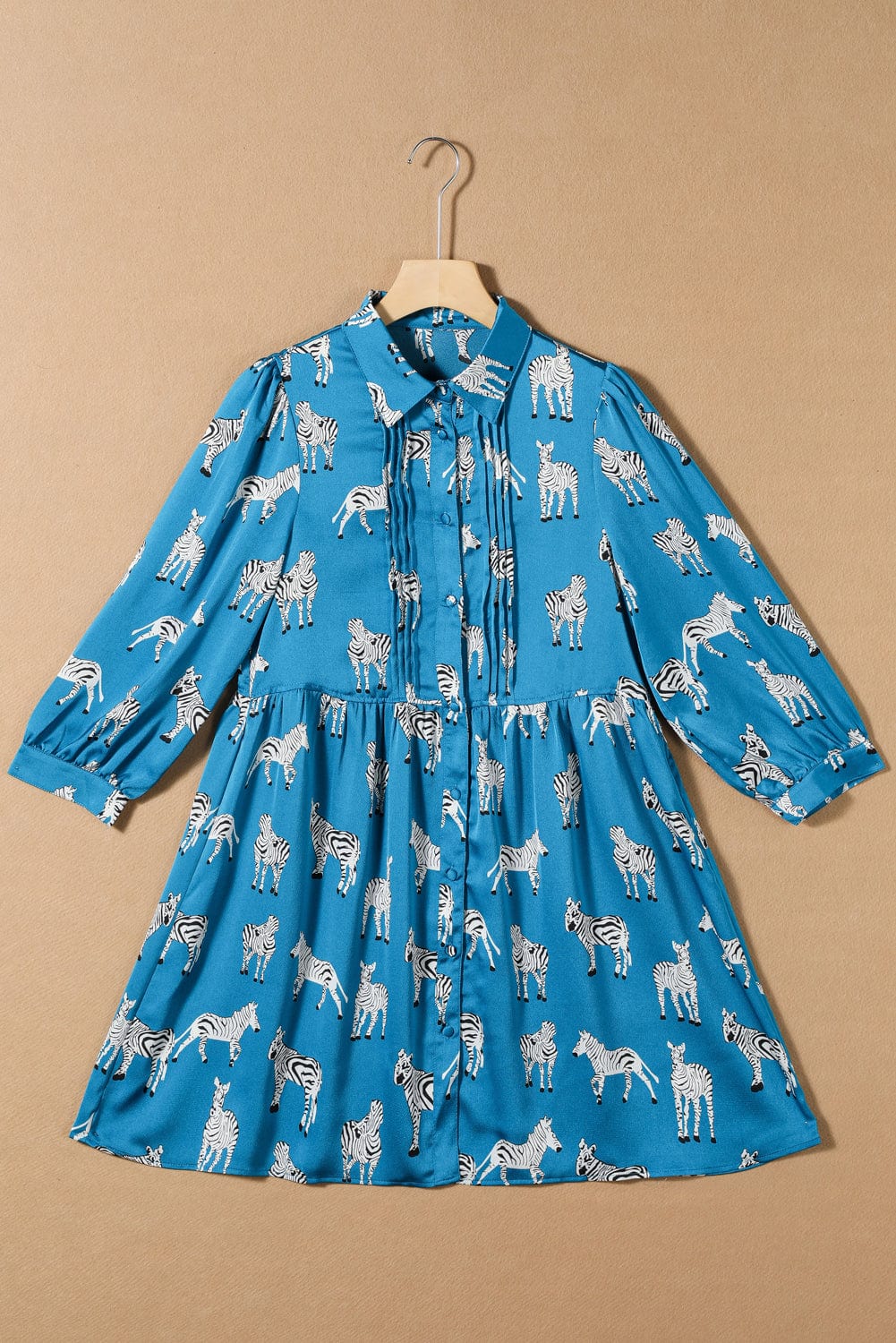 Blue Animal Print Pleated Tunic Shirt Dress