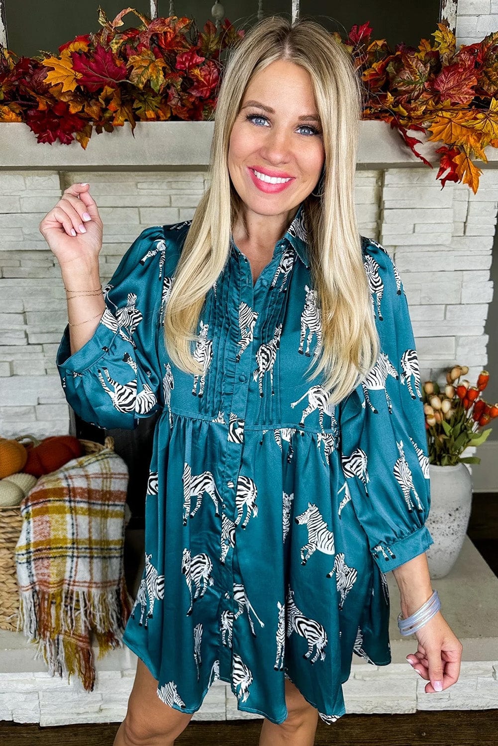 Blue Animal Print Pleated Tunic Shirt Dress