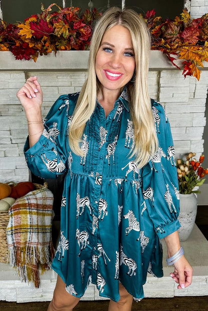 Blue Animal Print Pleated Tunic Shirt Dress