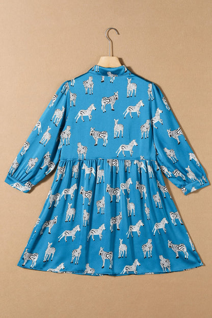 Blue Animal Print Pleated Tunic Shirt Dress