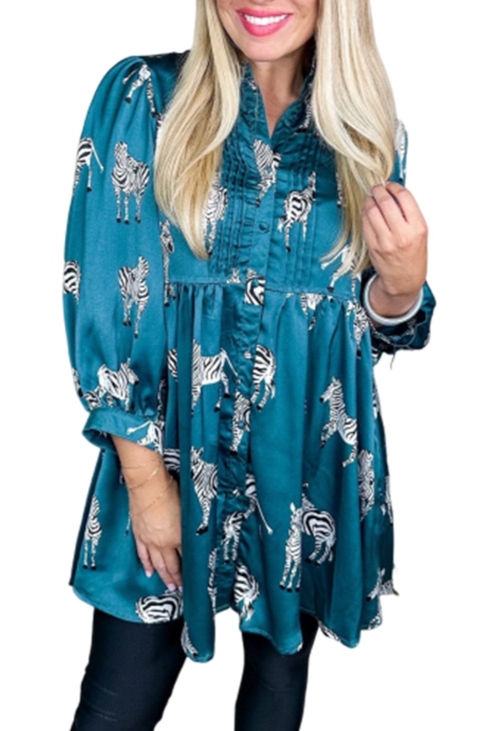 Blue Animal Print Pleated Tunic Shirt Dress
