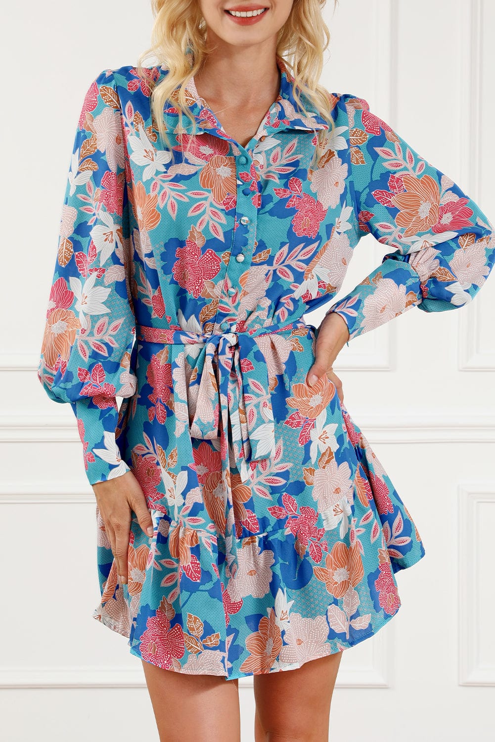 Blue Blossom Lantern Sleeve A-Line Shirt Dress