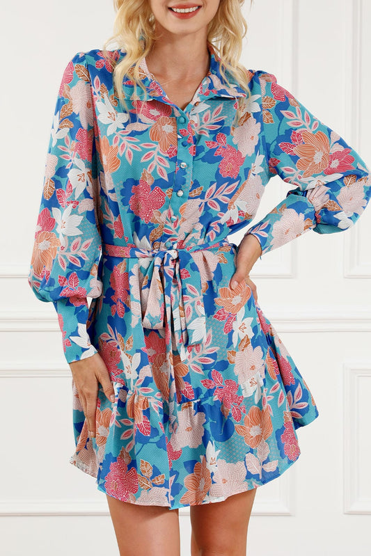 Blue Blossom Lantern Sleeve A-Line Shirt Dress