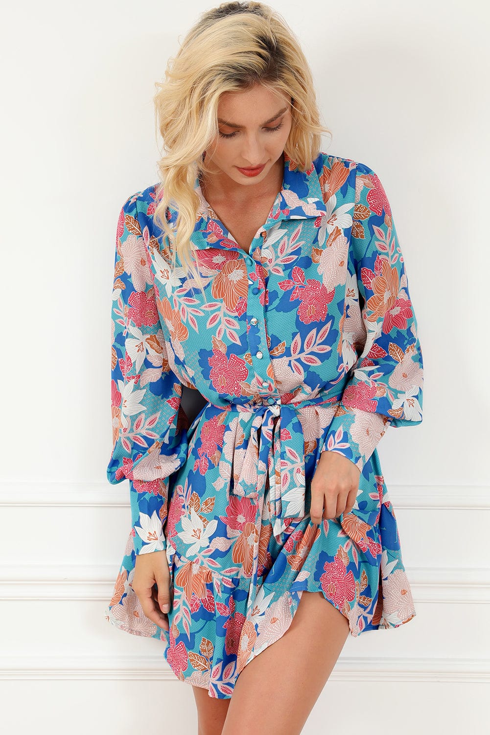 Blue Blossom Lantern Sleeve A-Line Shirt Dress