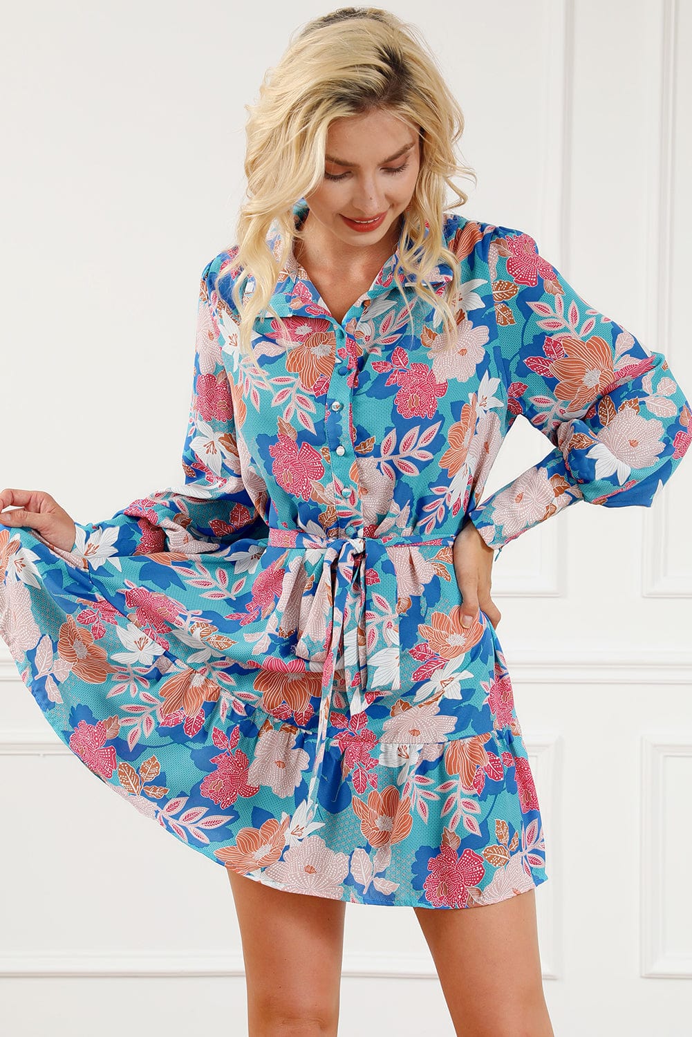 Blue Blossom Lantern Sleeve A-Line Shirt Dress