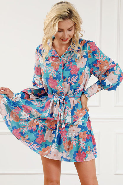 Blue Blossom Lantern Sleeve A-Line Shirt Dress