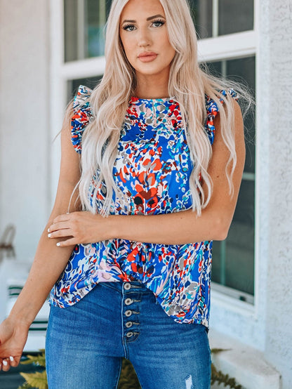 Blue Blossom Ruffle Sleeve Tank Top