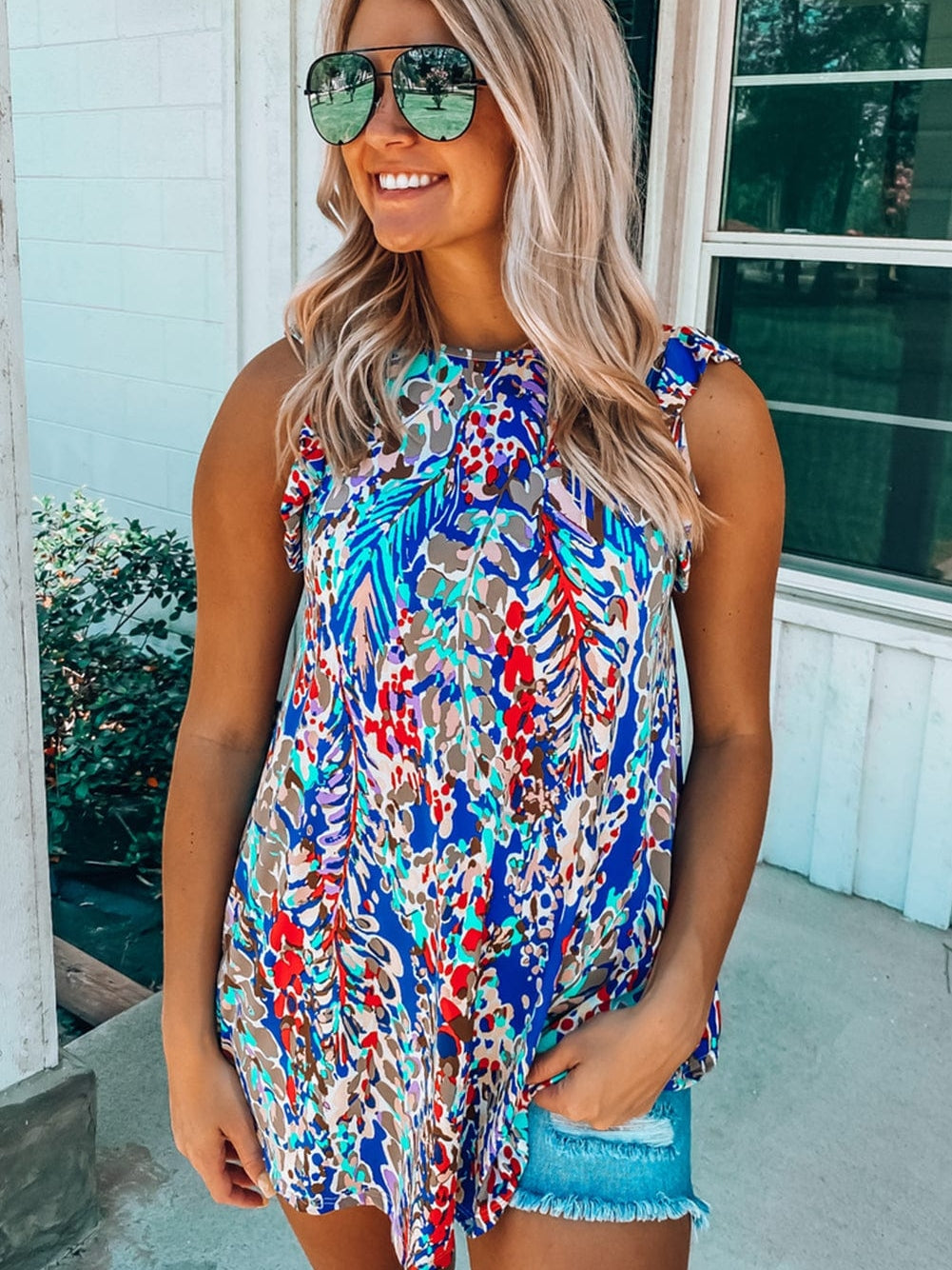 Blue Blossom Ruffle Sleeve Tank Top