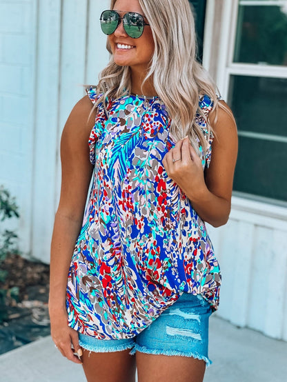 Blue Blossom Ruffle Sleeve Tank Top