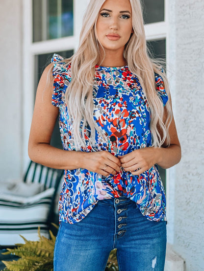 Blue Blossom Ruffle Sleeve Tank Top