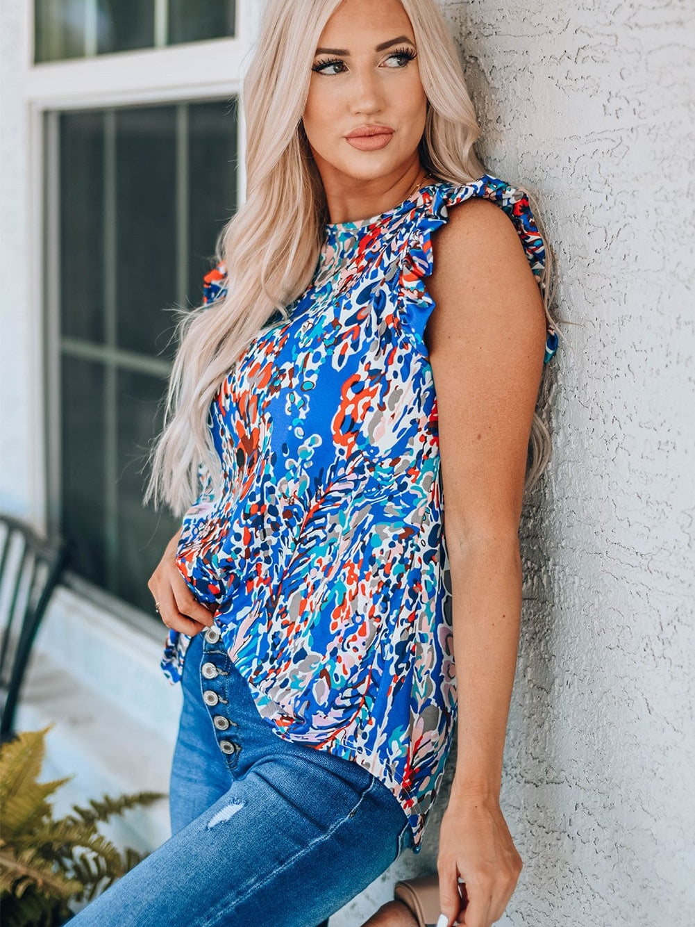 Blue Blossom Ruffle Sleeve Tank Top