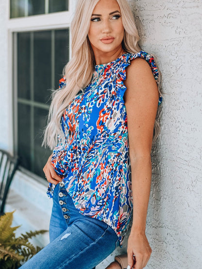 Blue Blossom Ruffle Sleeve Tank Top