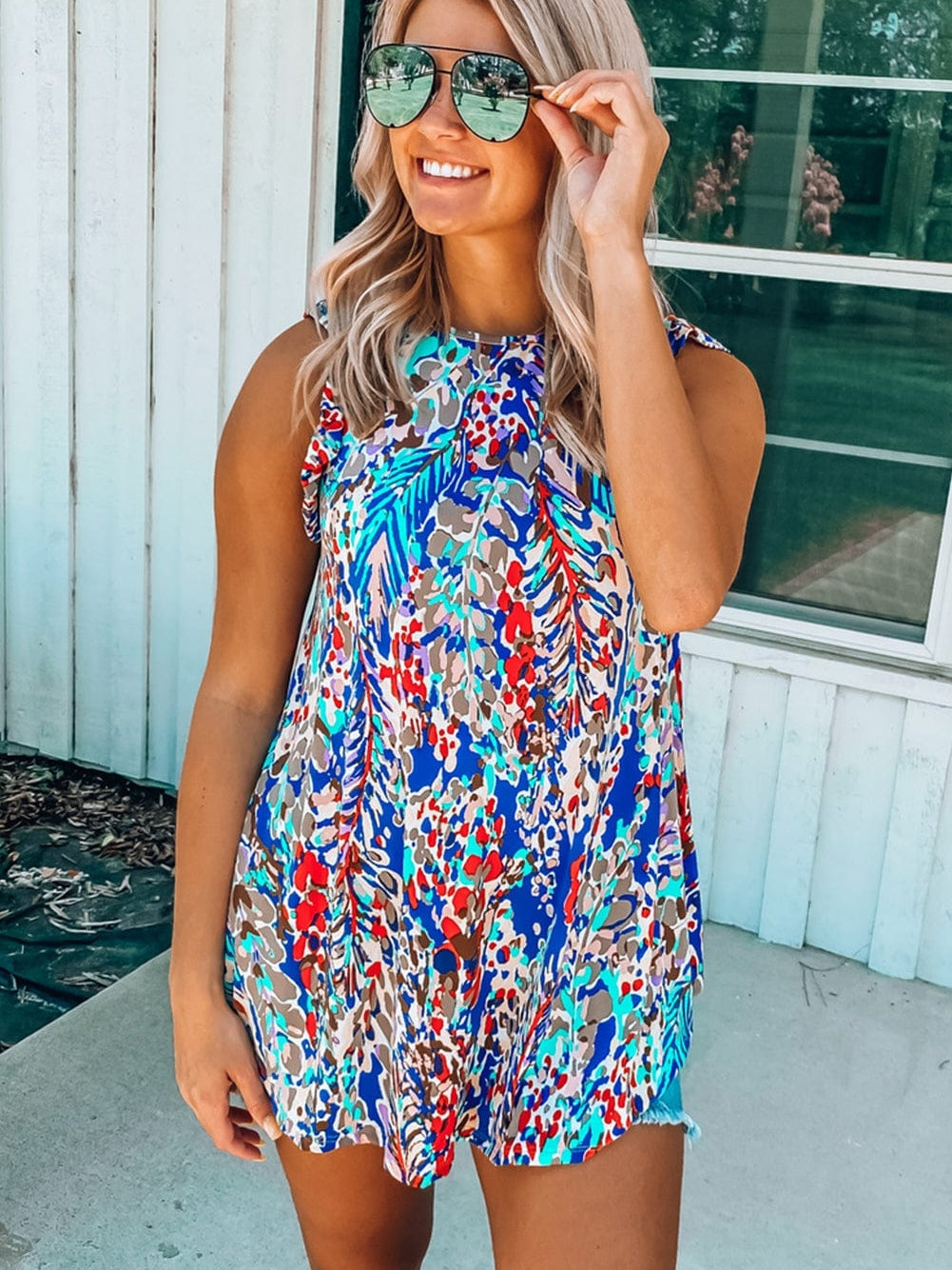 Blue Blossom Ruffle Sleeve Tank Top