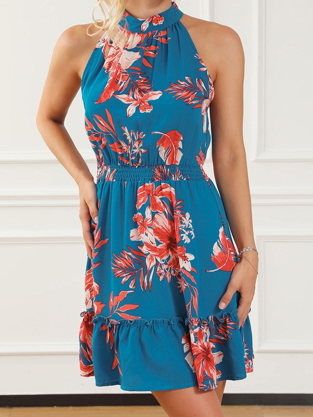 Blue Blossom Sleeveless Ruffle Mini Dress