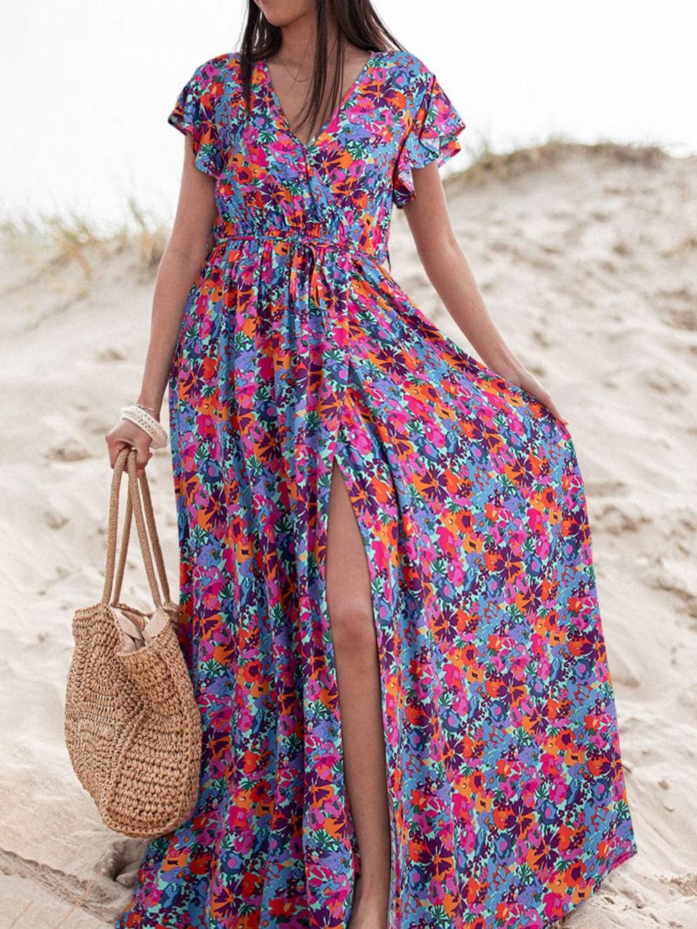 Blue Bohemian Floral Maxi Dress with Ruffle Sleeves