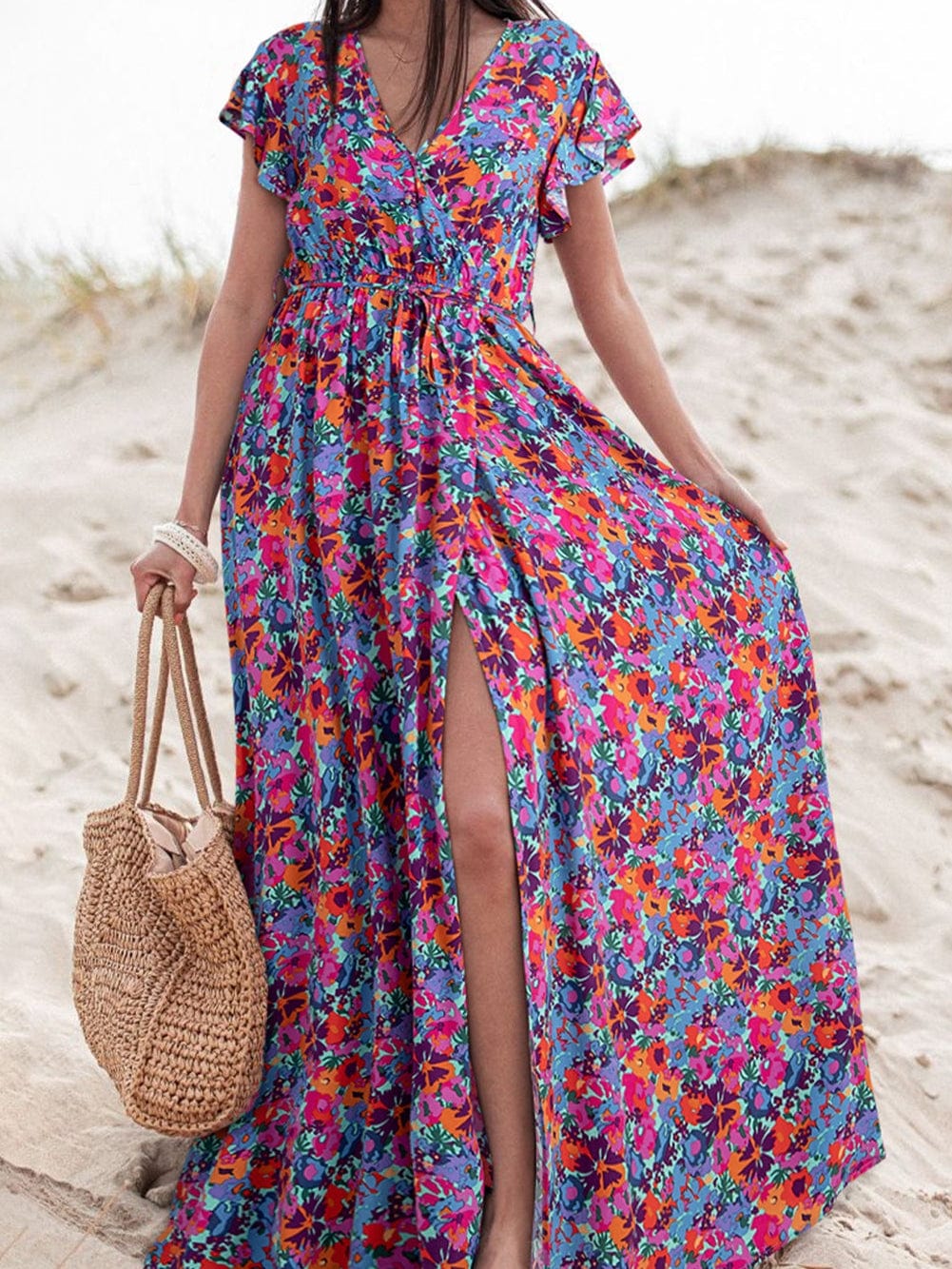 Blue Bohemian Floral Maxi Dress with Ruffle Sleeves