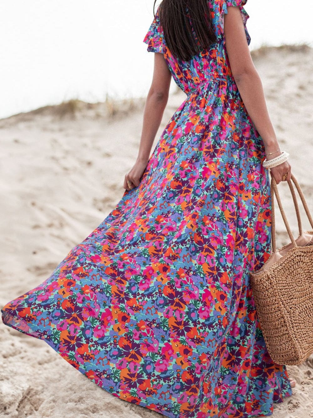 Blue Bohemian Floral Maxi Dress with Ruffle Sleeves