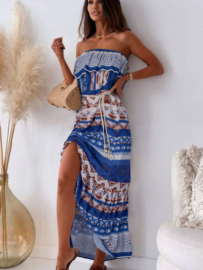 Blue Boho Floral Maxi Dress with Ruffle Details