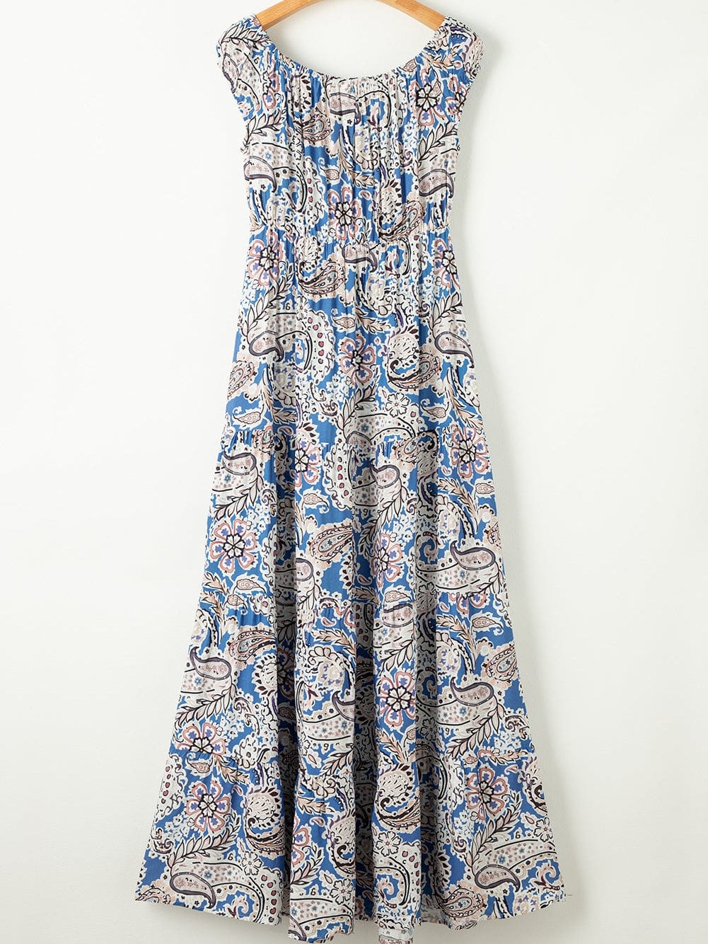 Blue Boho Paisley Print Off Shoulder Maxi Dress with Flared Silhouette