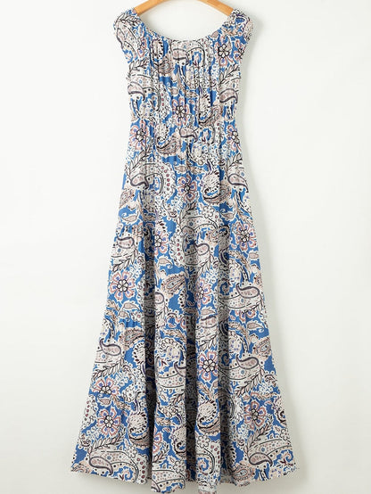 Blue Boho Paisley Print Off Shoulder Maxi Dress with Flared Silhouette