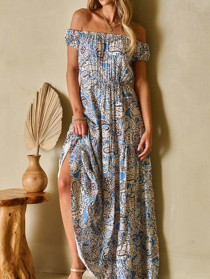 Blue Boho Paisley Print Off Shoulder Maxi Dress with Flared Silhouette