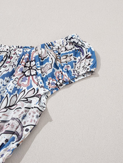 Blue Boho Paisley Print Off Shoulder Maxi Dress with Flared Silhouette