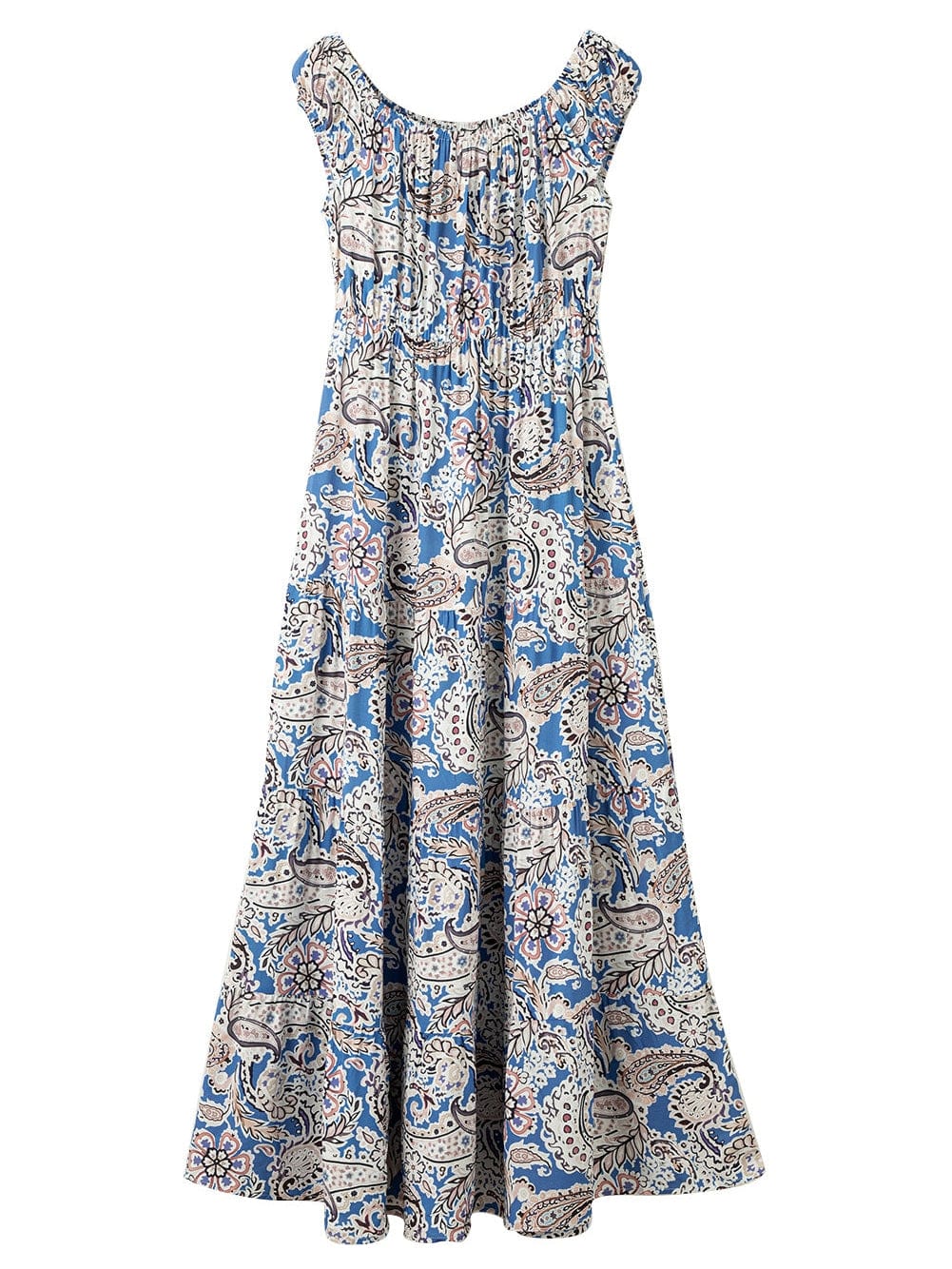 Blue Boho Paisley Print Off Shoulder Maxi Dress with Flared Silhouette
