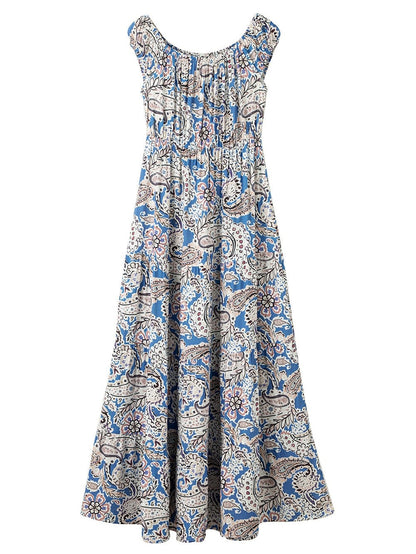 Blue Boho Paisley Print Off Shoulder Maxi Dress with Flared Silhouette