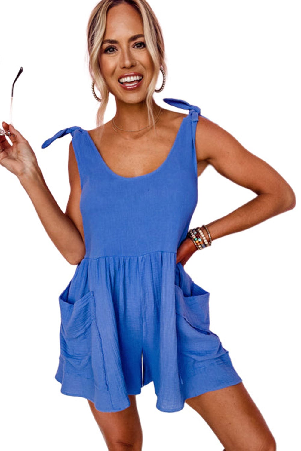 Blue Bow Detail High Waist Linen Romper