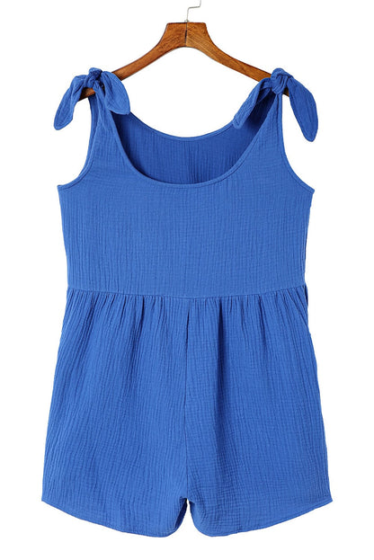 Blue Bow Detail High Waist Linen Romper