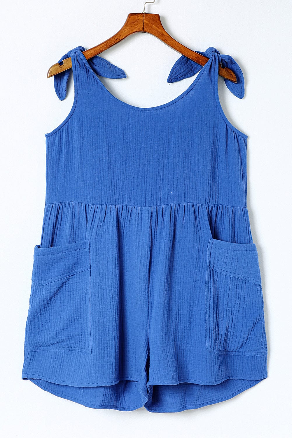 Blue Bow Detail High Waist Linen Romper