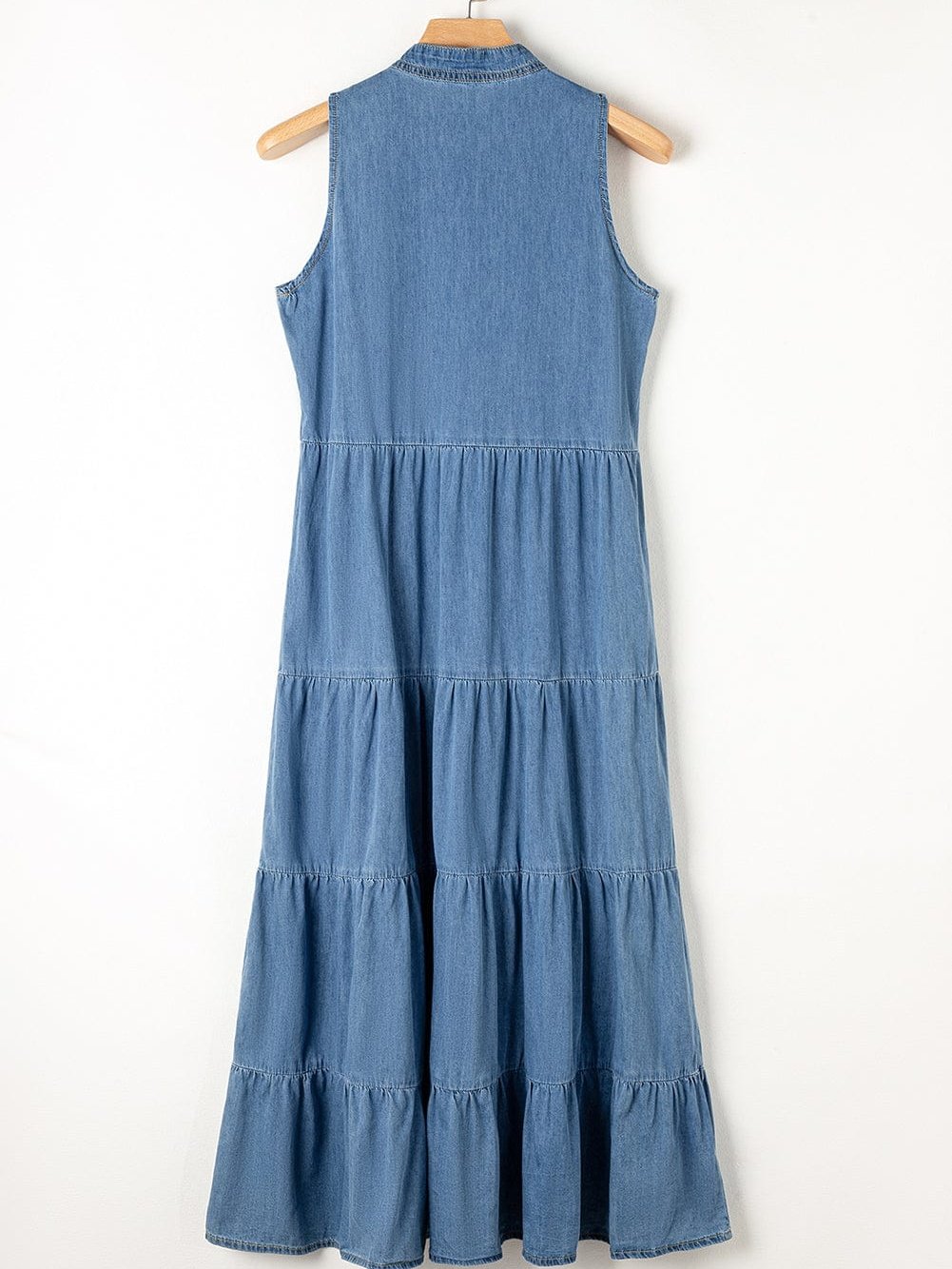 Blue Chambray Tiered Maxi Dress with Sleeveless Design