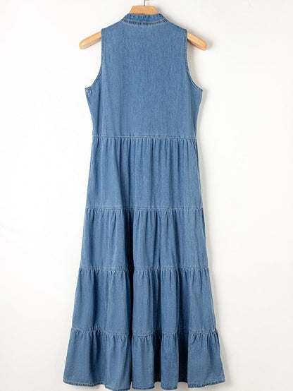 Blue Chambray Tiered Maxi Dress with Sleeveless Design