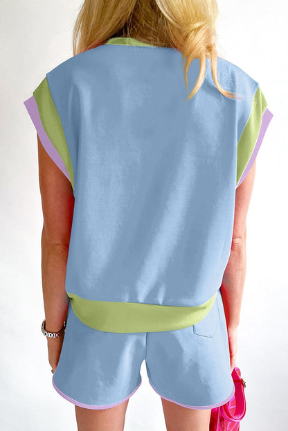 Blue Colorblock Cap Sleeve Tee and Shorts Set