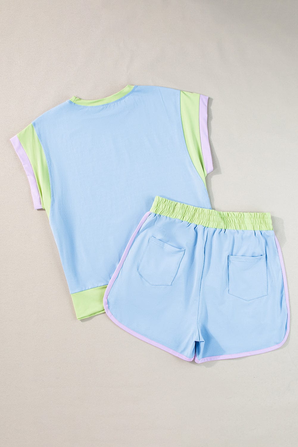 Blue Colorblock Cap Sleeve Tee and Shorts Set